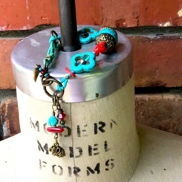 Handmade Red and Aqua Elephant Statement Necklace - Picture 12 of 15